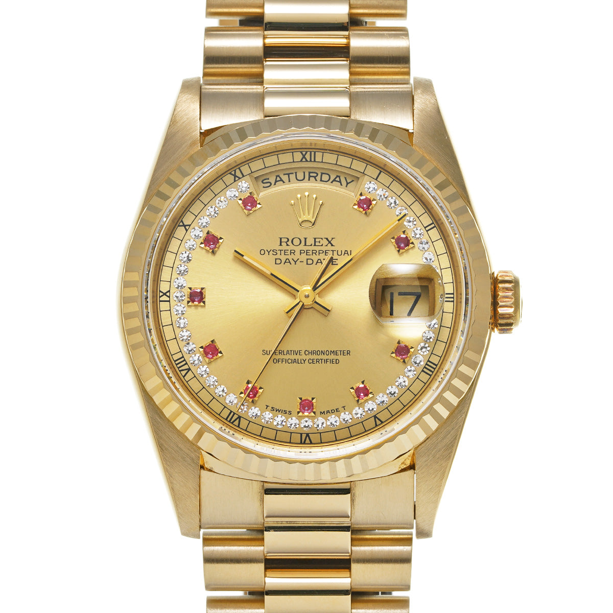 Day Date 18238LR X (manufactured circa 1991) Champagne/Milliard Diamonds/Ruby ROLEX Men's [Pre-Owned].