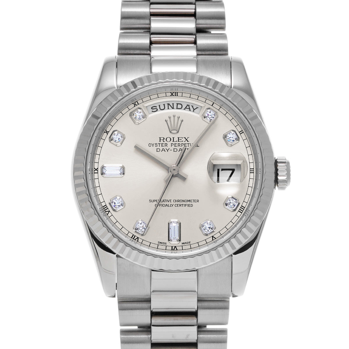 Day Date 118239A P (manufactured circa 2001) Silver/Diamond ROLEX Men's [Pre-Owned].