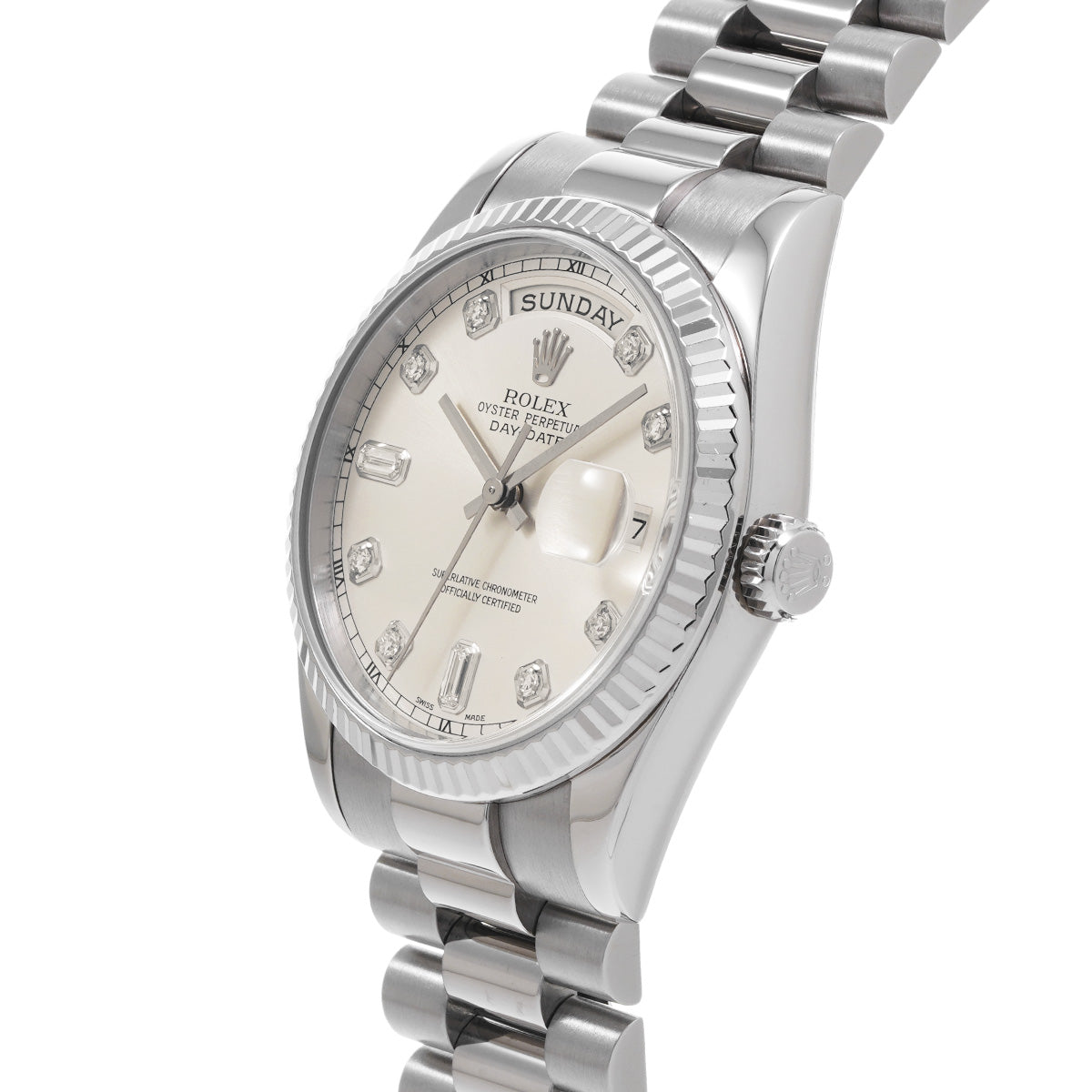 Day Date 118239A P (manufactured circa 2001) Silver/Diamond ROLEX Men's [Pre-Owned].