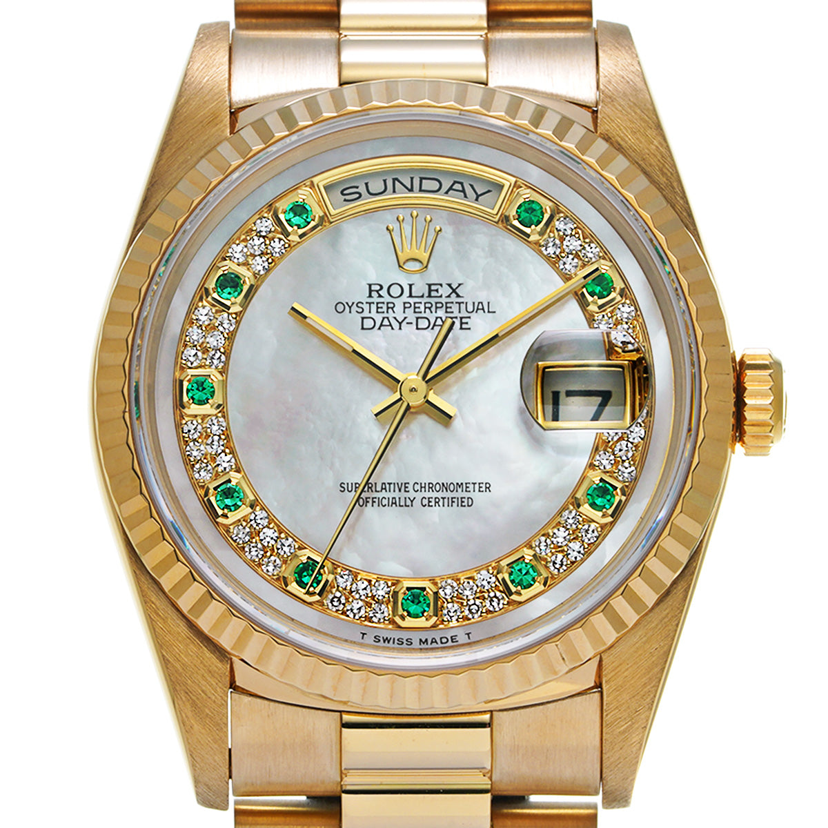 Day Date 18238NME W (manufactured circa 1995) White MOP/Milliard Diamonds/Emerald ROLEX Men's [Pre-Owned].