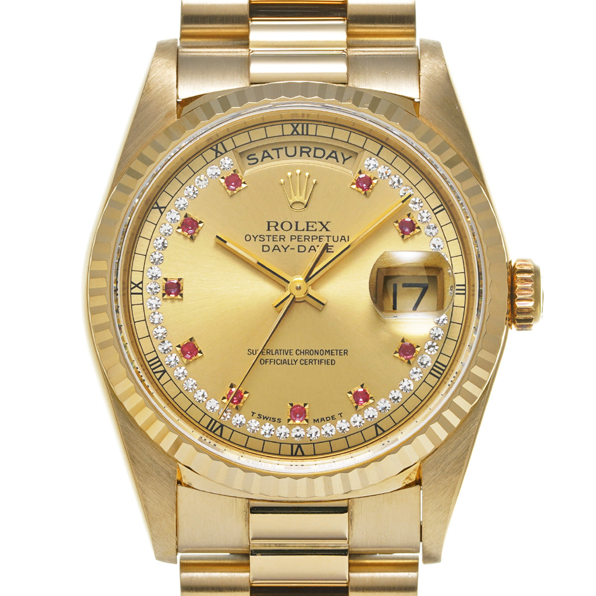 Day Date 18238LR X (manufactured circa 1991) Champagne/Milliard Diamonds/Ruby ROLEX Men's [Pre-Owned].