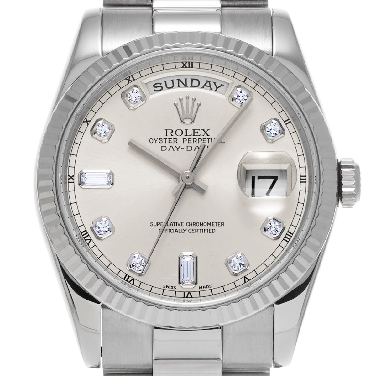 Day Date 118239A P (manufactured circa 2001) Silver/Diamond ROLEX Men's [Pre-Owned].