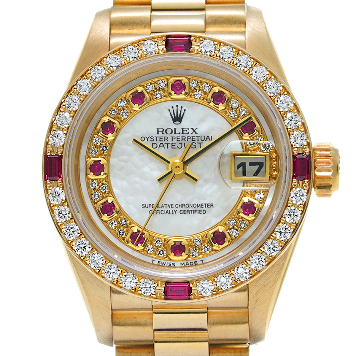 DATE JUST 69068 X (manufactured circa 1991) White MOP/Diamond/Ruby ROLEX Ladies [Pre-Owned].